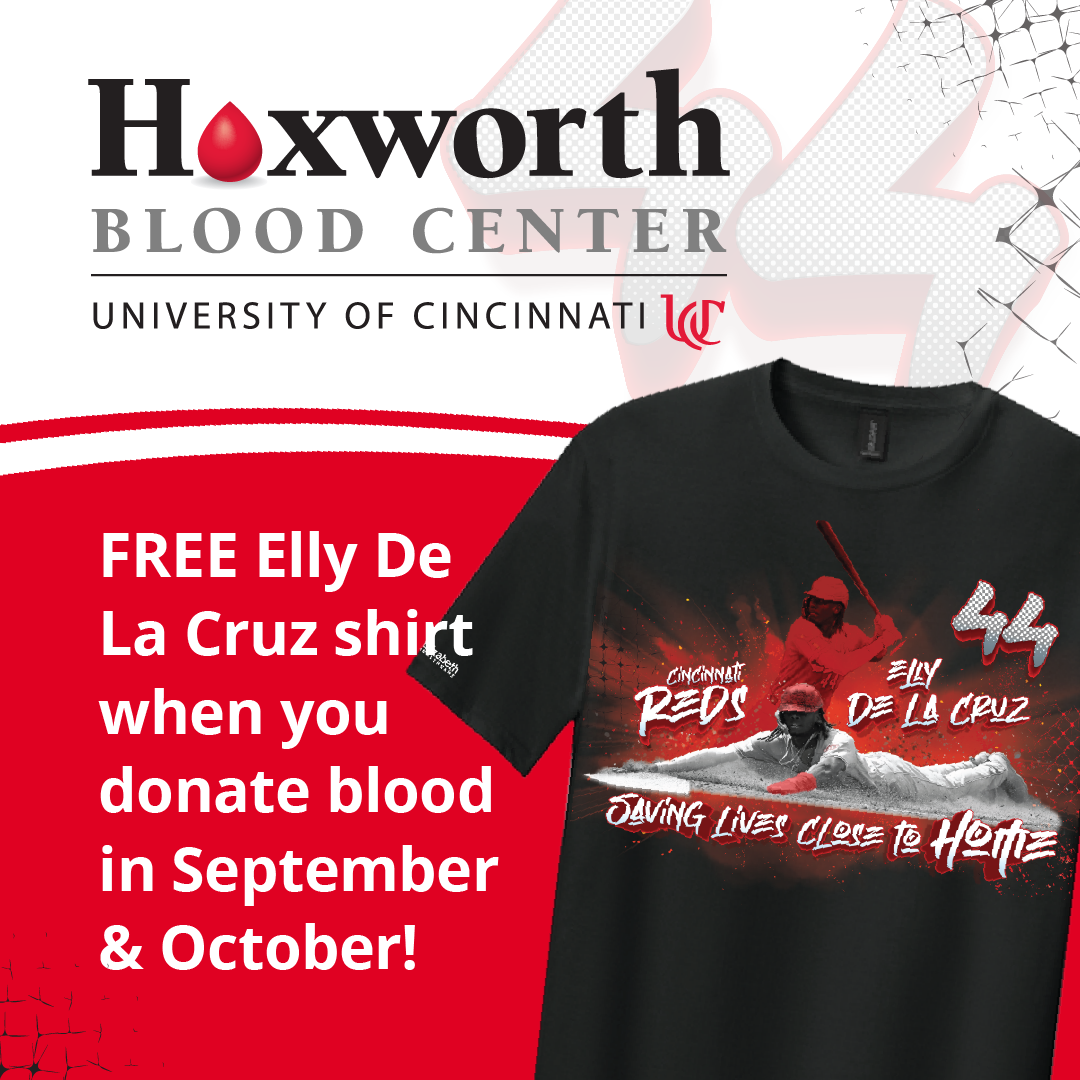 Donate blood or platelets in September and October with Hoxworth Blood Center and receive an Elly De La Cruz shirt while supplies last