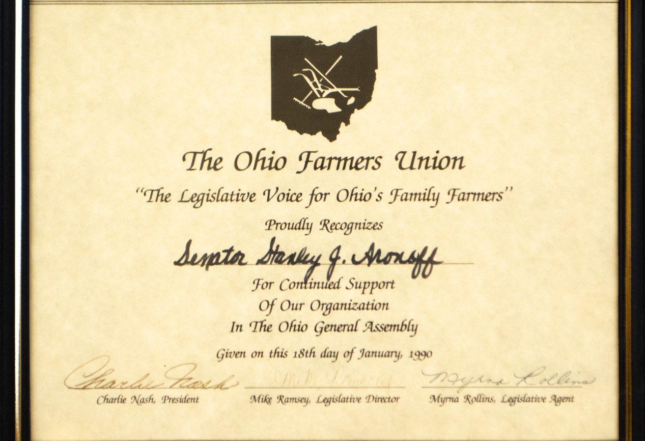 The Ohio Farmer's Union Proudly Recognizes Senator Stanley J. Aronoff