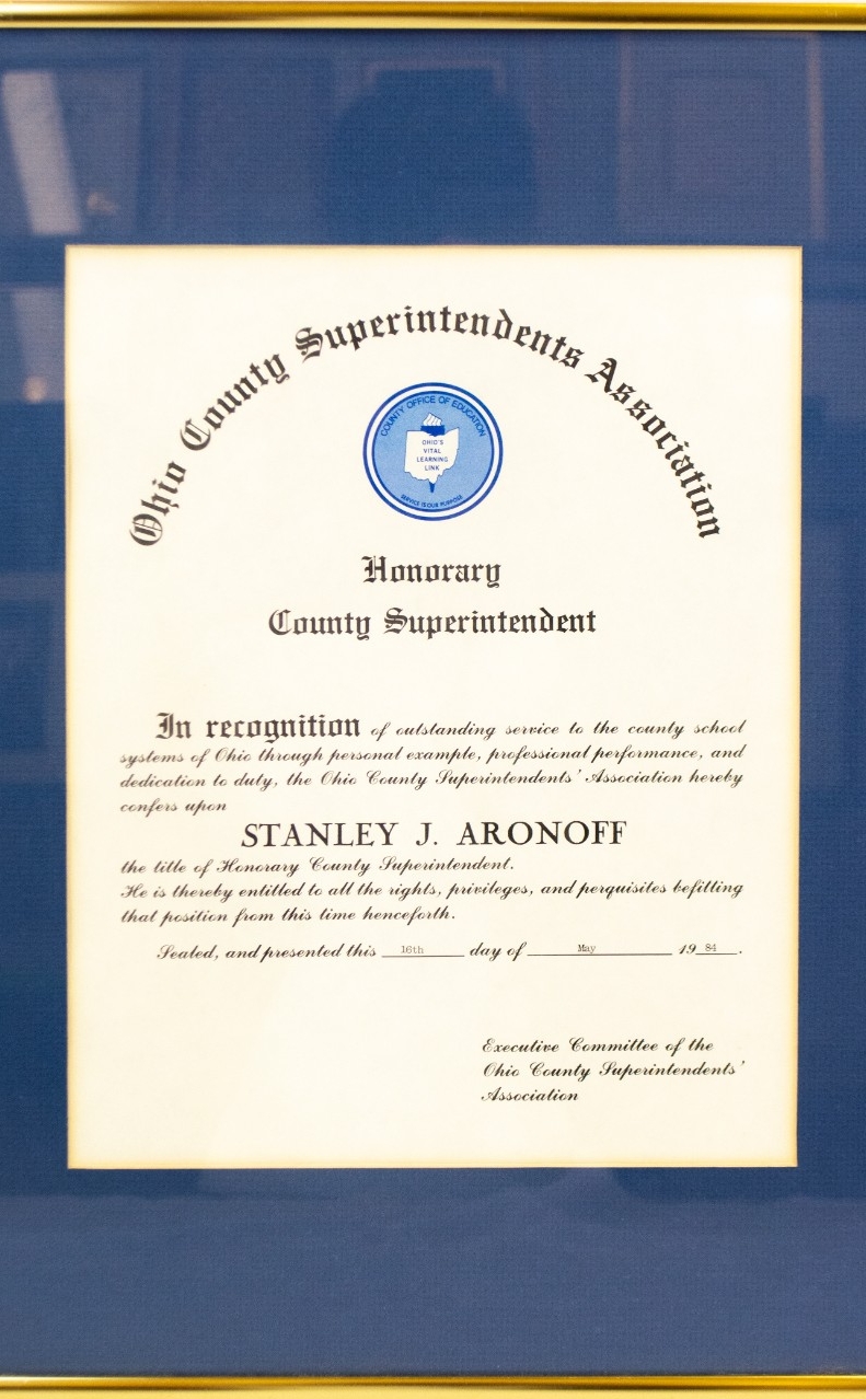 Ohio County Superintendents Association recognizes Stanley J Aronoff with the title of Honorary County Superintendent