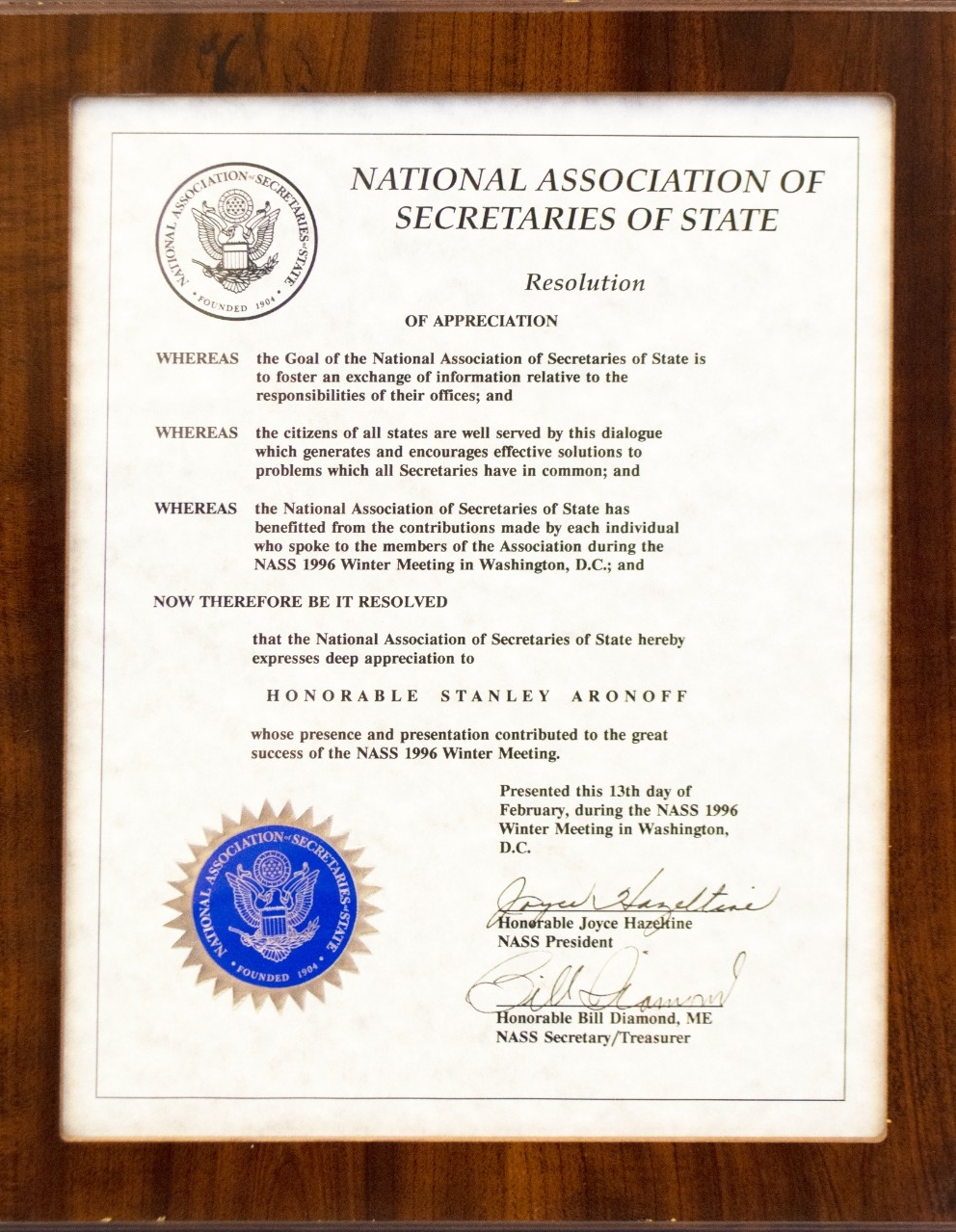National Association of Secretaries of State expresses their appreciation to Honorable Stanley Aronoff.